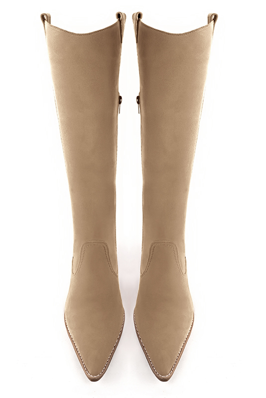 Tan beige women's cowboy boots. Tapered toe. Medium cone heels. Made to measure. Top view - Florence KOOIJMAN